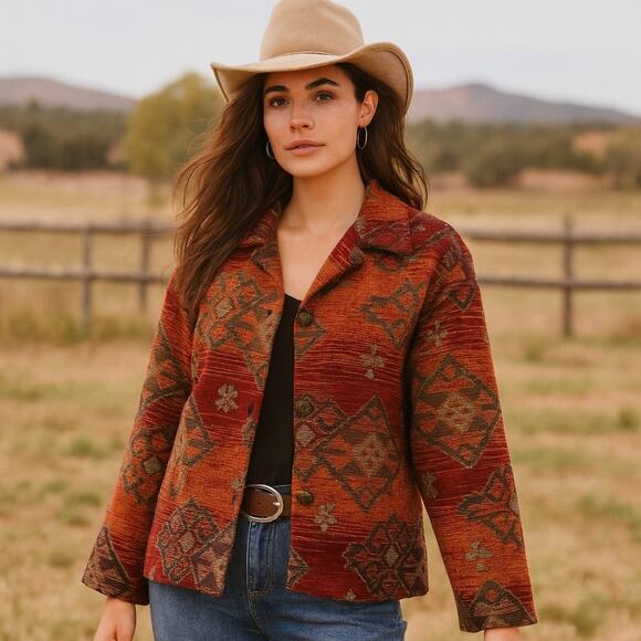 Vintage 90s  Norm Thompson Western Tapestry Cardigan Jacket Blazer M/L - Picture 1 of 7